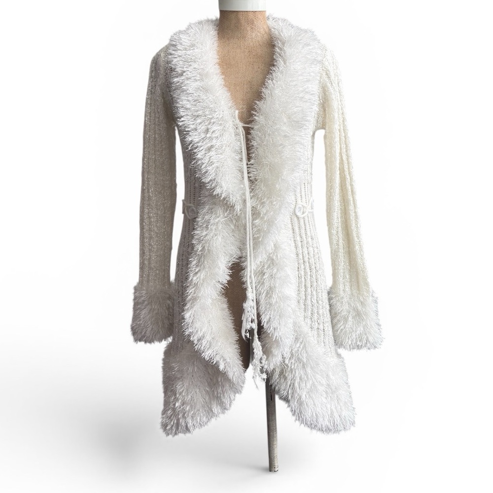 Shana K White Y2K Fuzzy Trim Open Front Cardigan Sweater Size M